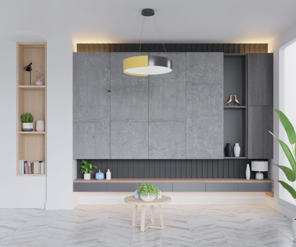 Tv shelf on the in modern living room the concrete wall,3d rendering